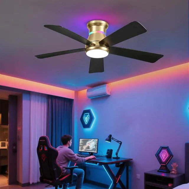 Alt view image 7 of 7 - 46" Ceiling Fans with RGB Lights - Flush Mount Ceiling Fan Light with LED 3CCT Dimmable, Modern Low Profile Gold Ceiling Fan with Reversible Black Blades