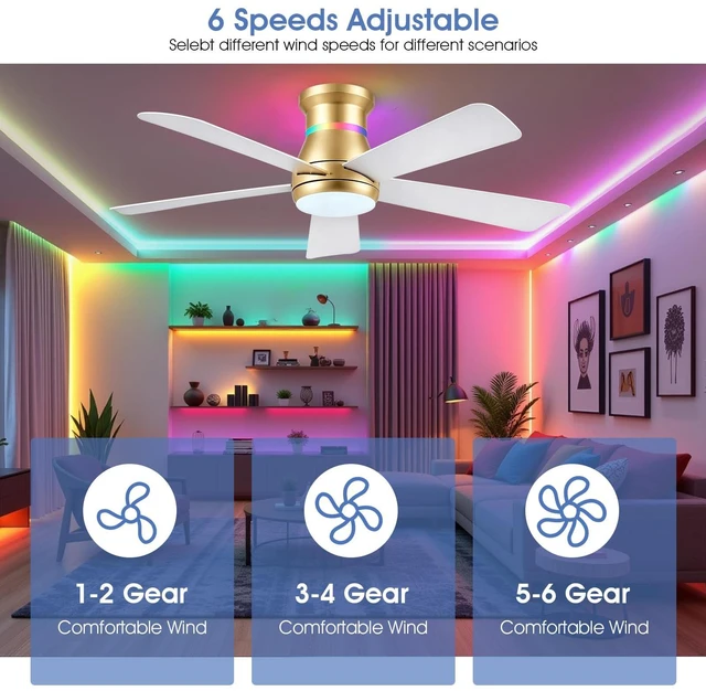 Alt view image 2 of 6 - 46" Ceiling Fans with RGB Lights - Flush Mount Ceiling Fan Light with LED 3CCT Dimmable, Modern Low Profile Gold Ceiling Fan with Reversible White Blades
