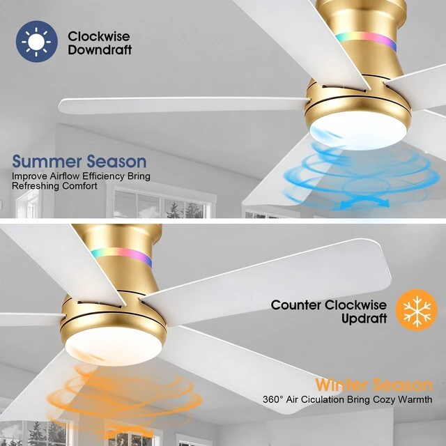 Alt view image 3 of 6 - 46" Ceiling Fans with RGB Lights - Flush Mount Ceiling Fan Light with LED 3CCT Dimmable, Modern Low Profile Gold Ceiling Fan with Reversible White Blades