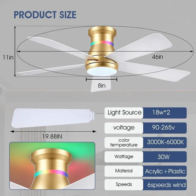 Alt view image 4 of 6 - 46" Ceiling Fans with RGB Lights - Flush Mount Ceiling Fan Light with LED 3CCT Dimmable, Modern Low Profile Gold Ceiling Fan with Reversible White Blades