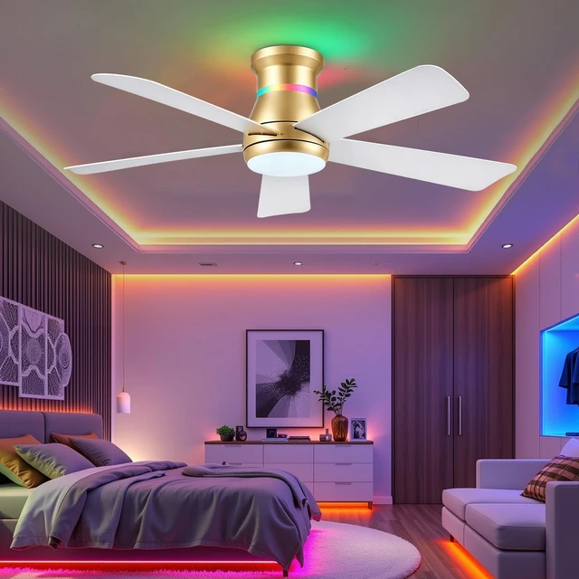 Alt view image 6 of 6 - 46" Ceiling Fans with RGB Lights - Flush Mount Ceiling Fan Light with LED 3CCT Dimmable, Modern Low Profile Gold Ceiling Fan with Reversible White Blades