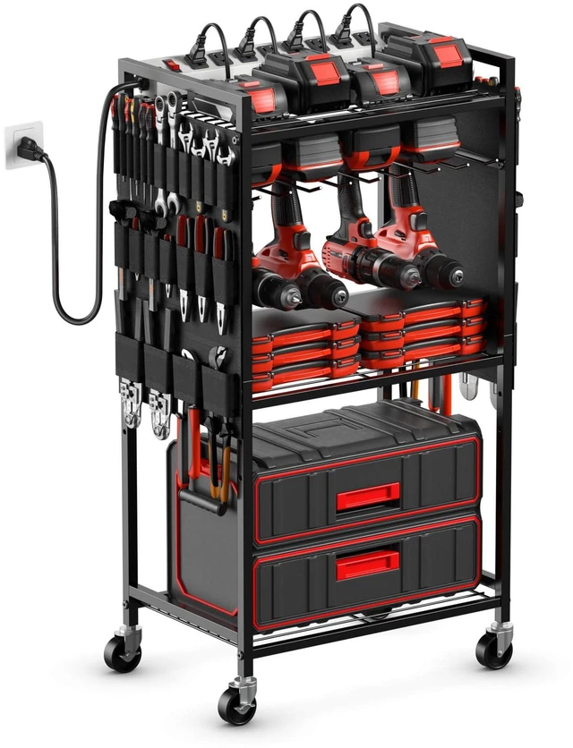 Main image of Power Tool Organizer Cart with Charging Station, 6 FT Cord, Black Floor Standing, Large Garage Rolling Storage Cart on Wheels, Heavy Duty Drill Battery Storage Rack, with 8 Outlet Power Strip
