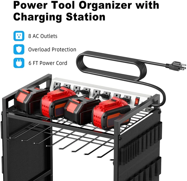Alt view image 2 of 7 - Power Tool Organizer Cart with Charging Station, 6 FT Cord, Black Floor Standing, Large Garage Rolling Storage Cart on Wheels, Heavy Duty Drill Battery Storage Rack, with 8 Outlet Power Strip