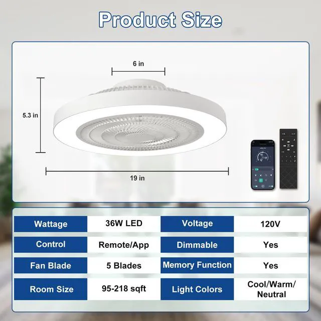 Alt view image 6 of 7 - Modern Ceiling Fan with Light: 19" Bladeless Flush Mount Low Profile LED Ceiling Fans with Remote APP Control - White Enclosed Fandelier Dimmable Quiet for Bedroom Kids Room Apartment Loft