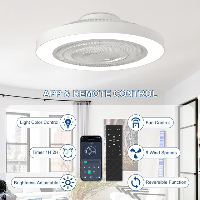 Alt view image 7 of 7 - Modern Ceiling Fan with Light: 19" Bladeless Flush Mount Low Profile LED Ceiling Fans with Remote APP Control - White Enclosed Fandelier Dimmable Quiet for Bedroom Kids Room Apartment Loft