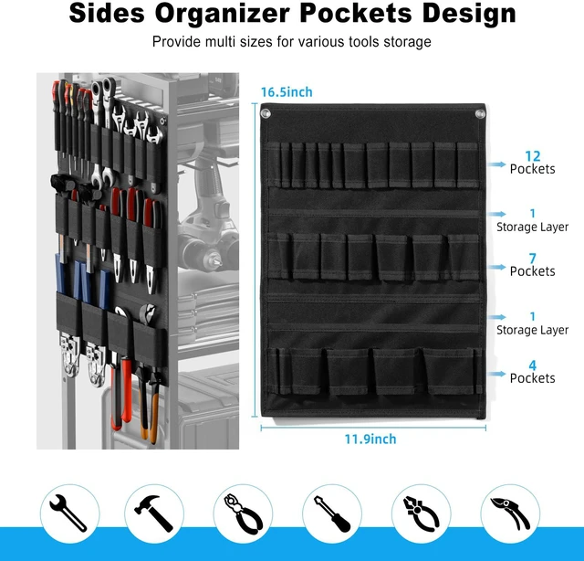 Alt view image 3 of 7 - Power Tool Organizer Cart with Charging Station, 6 FT Cord, Black Floor Standing, Large Garage Rolling Storage Cart on Wheels, Heavy Duty Drill Battery Storage Rack, with 8 Outlet Power Strip