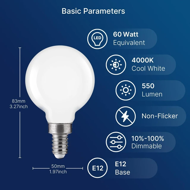 Alt view image 2 of 7 - 4000K Cool White LED Candelabra Bulbs 60W Equivalent, G16 1/2 Dimmable LED E12 Globe Vanity Light Bulbs, 550LM, CRI90, 5.5W, AC 120V, 24 Pack