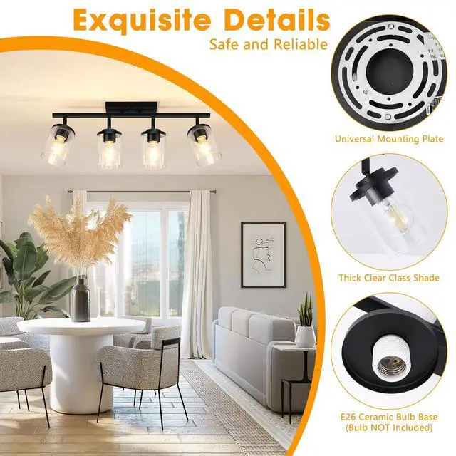 Alt view image 3 of 7 - 4-Lights Track Lighting Fixtures Ceiling with Clear Glass Shades, Modern Black Semi Flush Mount Ceiling Light, Rotatable Wall Mount Ceiling Lamp for Kitchen Hallway Bedroom