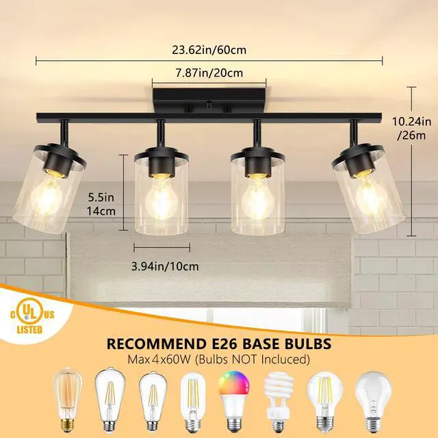 Alt view image 2 of 7 - 4-Lights Track Lighting Fixtures Ceiling with Clear Glass Shades, Modern Black Semi Flush Mount Ceiling Light, Rotatable Wall Mount Ceiling Lamp for Kitchen Hallway Bedroom