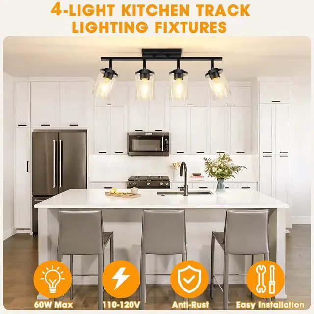 Alt view image 5 of 7 - 4-Lights Track Lighting Fixtures Ceiling with Clear Glass Shades, Modern Black Semi Flush Mount Ceiling Light, Rotatable Wall Mount Ceiling Lamp for Kitchen Hallway Bedroom