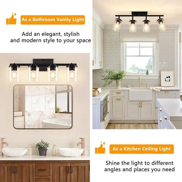 Alt view image 6 of 7 - 4-Lights Track Lighting Fixtures Ceiling with Clear Glass Shades, Modern Black Semi Flush Mount Ceiling Light, Rotatable Wall Mount Ceiling Lamp for Kitchen Hallway Bedroom