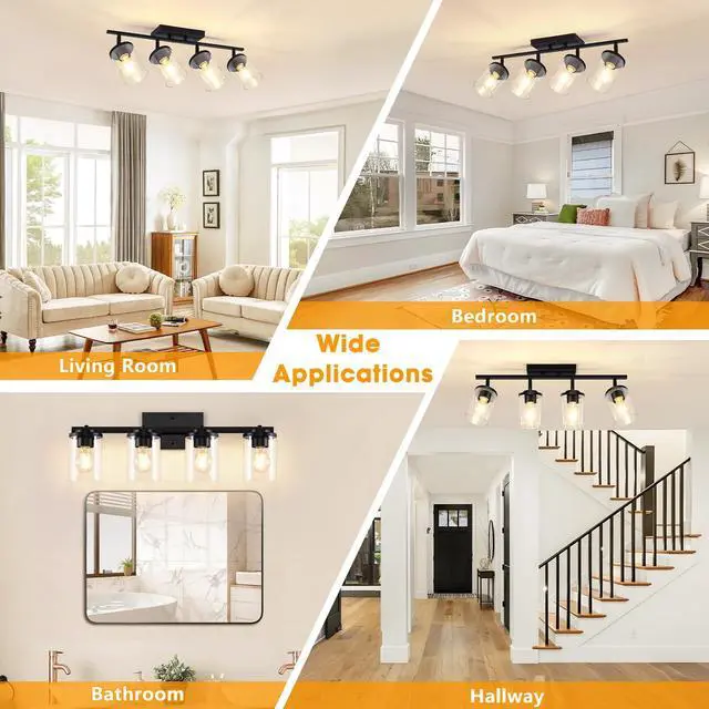 Alt view image 7 of 7 - 4-Lights Track Lighting Fixtures Ceiling with Clear Glass Shades, Modern Black Semi Flush Mount Ceiling Light, Rotatable Wall Mount Ceiling Lamp for Kitchen Hallway Bedroom