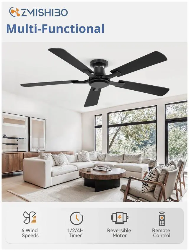 Alt view image 2 of 7 - 52 Inch Ceiling Fan No Light, Flush Mount Low Profile, Black Modern Without Light, Remote Control, Reversible DC Motor, Quiet Powerful Airflow for Indoor&Outdoor, Bedroom, Living Room