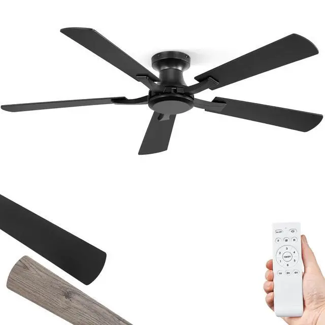 Main image of 52 Inch Ceiling Fan No Light, Flush Mount Low Profile, Black Modern Without Light, Remote Control, Reversible DC Motor, Quiet Powerful Airflow for Indoor&Outdoor, Bedroom, Living Room