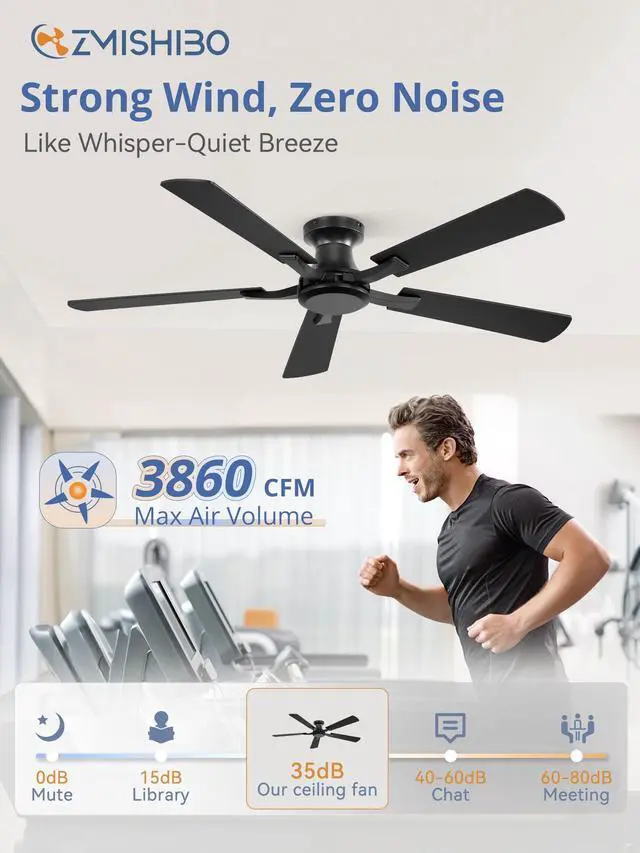 Alt view image 3 of 7 - 52 Inch Ceiling Fan No Light, Flush Mount Low Profile, Black Modern Without Light, Remote Control, Reversible DC Motor, Quiet Powerful Airflow for Indoor&Outdoor, Bedroom, Living Room