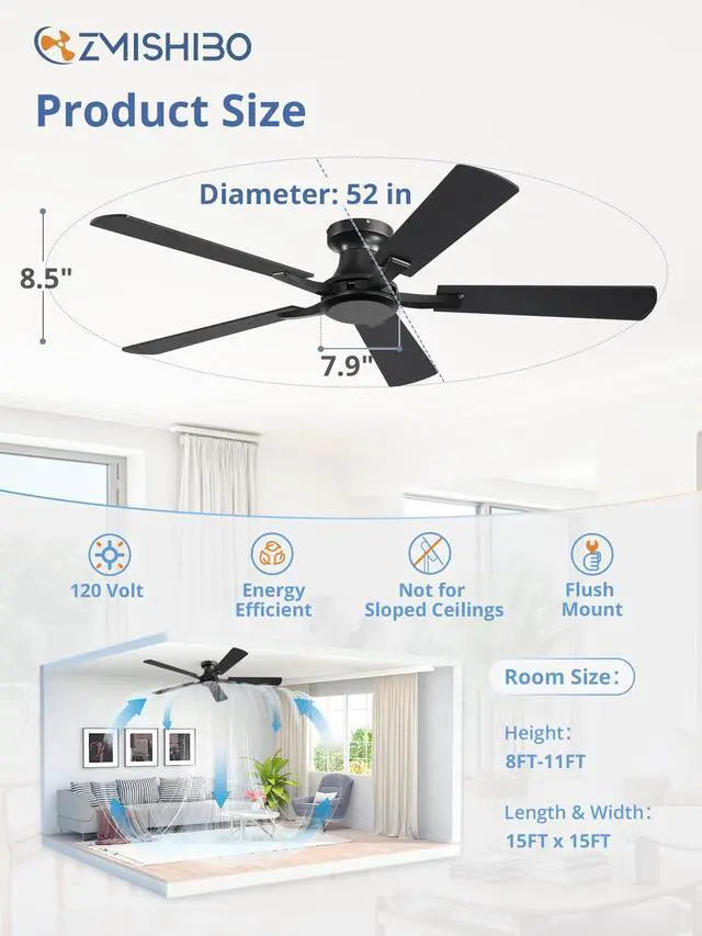 Alt view image 4 of 7 - 52 Inch Ceiling Fan No Light, Flush Mount Low Profile, Black Modern Without Light, Remote Control, Reversible DC Motor, Quiet Powerful Airflow for Indoor&Outdoor, Bedroom, Living Room