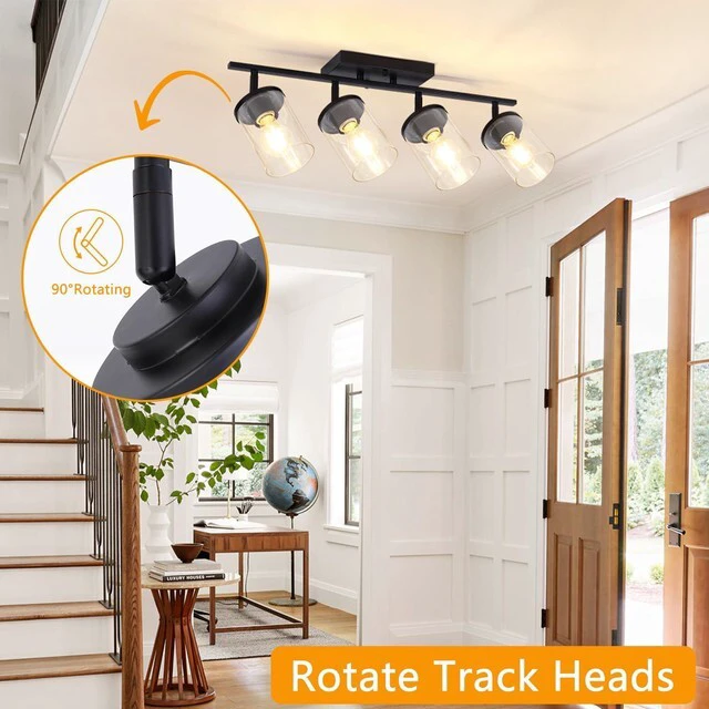 Alt view image 4 of 7 - 4-Lights Track Lighting Fixtures Ceiling with Clear Glass Shades, Modern Black Semi Flush Mount Ceiling Light, Rotatable Wall Mount Ceiling Lamp for Kitchen Hallway Bedroom