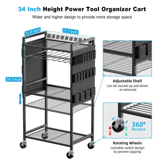 Alt view image 5 of 7 - Power Tool Organizer Cart with Charging Station, 6 FT Cord, Black Floor Standing, Large Garage Rolling Storage Cart on Wheels, Heavy Duty Drill Battery Storage Rack, with 8 Outlet Power Strip