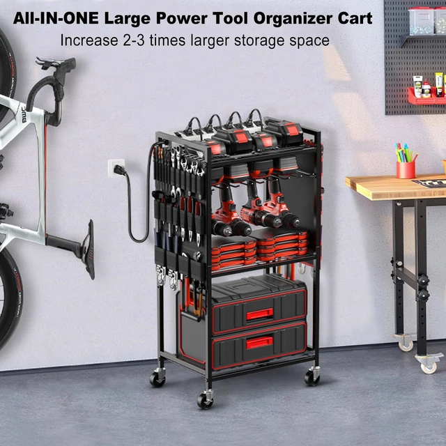 Alt view image 6 of 7 - Power Tool Organizer Cart with Charging Station, 6 FT Cord, Black Floor Standing, Large Garage Rolling Storage Cart on Wheels, Heavy Duty Drill Battery Storage Rack, with 8 Outlet Power Strip
