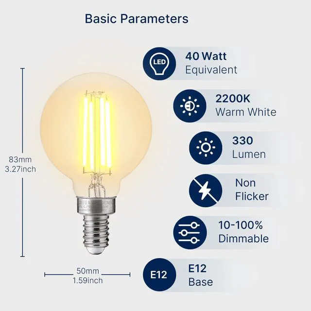 Alt view image 2 of 7 - 40W Equivalent LED Globe Candelabra Bulbs, Dimmable G16.5 LED E12 Chandelier Light Bulbs, 330LM, CRI82, 4W, AC 120V, 24 Pack, 2200K Warm White