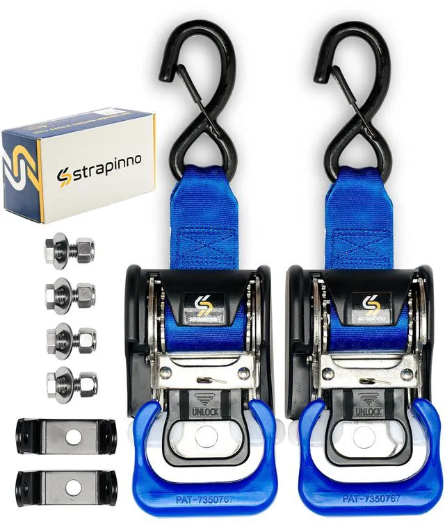 Main image of 2PCS Stainless Steel Retractable Ratchet Straps (1 7/8 in x 4 ft) Transom Tie Downs for Boat Trailer - Extra Mounting Brackets & Bolt Set, Safety Latch S-Hook, Break Strength 1,650LB/750KG