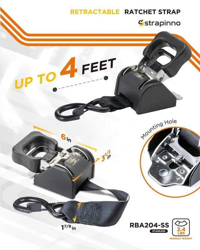 Alt view image 2 of 6 - 2PCS Stainless Steel Retractable Ratchet Straps (1 7/8 in x 4 ft) Transom Tie Downs for Boat Trailer - Extra Mounting Brackets & Bolt Set, Boat Accessories, Break Strength 1,650LB/750KG