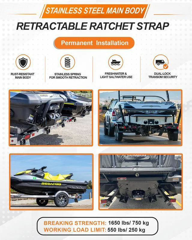 Alt view image 3 of 6 - 2PCS Stainless Steel Retractable Ratchet Straps (1 7/8 in x 4 ft) Transom Tie Downs for Boat Trailer - Extra Mounting Brackets & Bolt Set, Boat Accessories, Break Strength 1,650LB/750KG