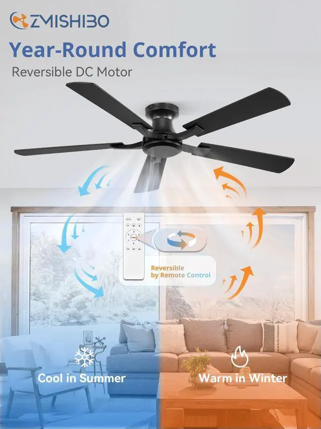 Alt view image 5 of 7 - 52 Inch Ceiling Fan No Light, Flush Mount Low Profile, Black Modern Without Light, Remote Control, Reversible DC Motor, Quiet Powerful Airflow for Indoor&Outdoor, Bedroom, Living Room
