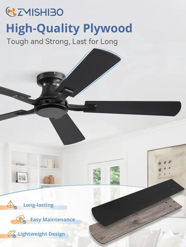 Alt view image 6 of 7 - 52 Inch Ceiling Fan No Light, Flush Mount Low Profile, Black Modern Without Light, Remote Control, Reversible DC Motor, Quiet Powerful Airflow for Indoor&Outdoor, Bedroom, Living Room