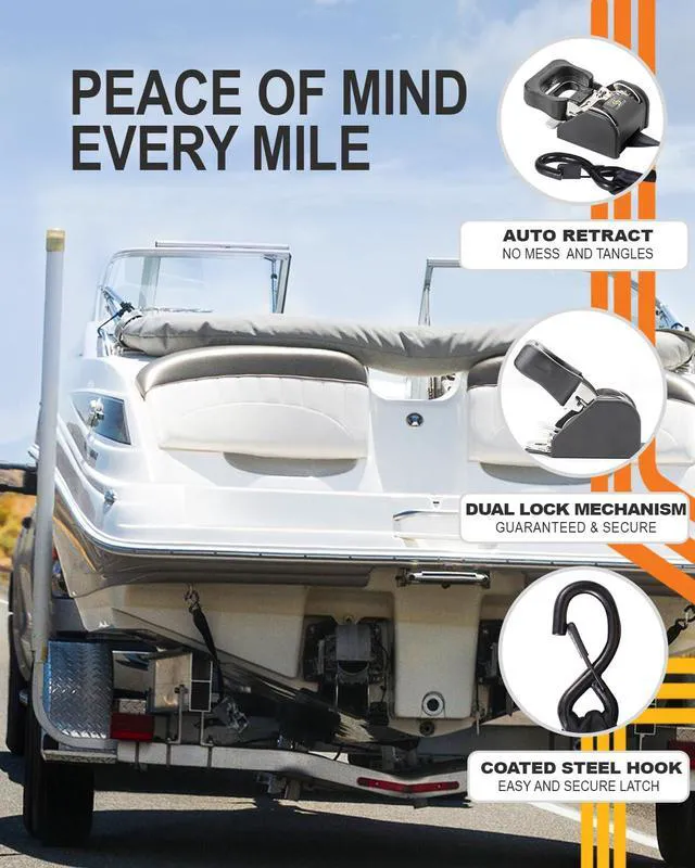 Alt view image 5 of 6 - 2PCS Stainless Steel Retractable Ratchet Straps (1 7/8 in x 4 ft) Transom Tie Downs for Boat Trailer - Extra Mounting Brackets & Bolt Set, Boat Accessories, Break Strength 1,650LB/750KG