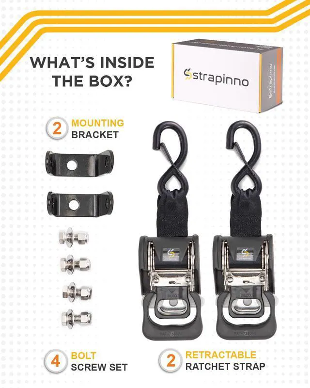 Alt view image 6 of 6 - 2PCS Stainless Steel Retractable Ratchet Straps (1 7/8 in x 4 ft) Transom Tie Downs for Boat Trailer - Extra Mounting Brackets & Bolt Set, Boat Accessories, Break Strength 1,650LB/750KG