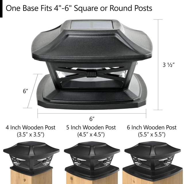 Alt view image 4 of 6 - Flexfit Solar Outdoor Post Cap Lights - Includes Bases for 4x4 5x5 6x6 Wooden Posts - Bright LED Light - Slate Black (8 Pack)