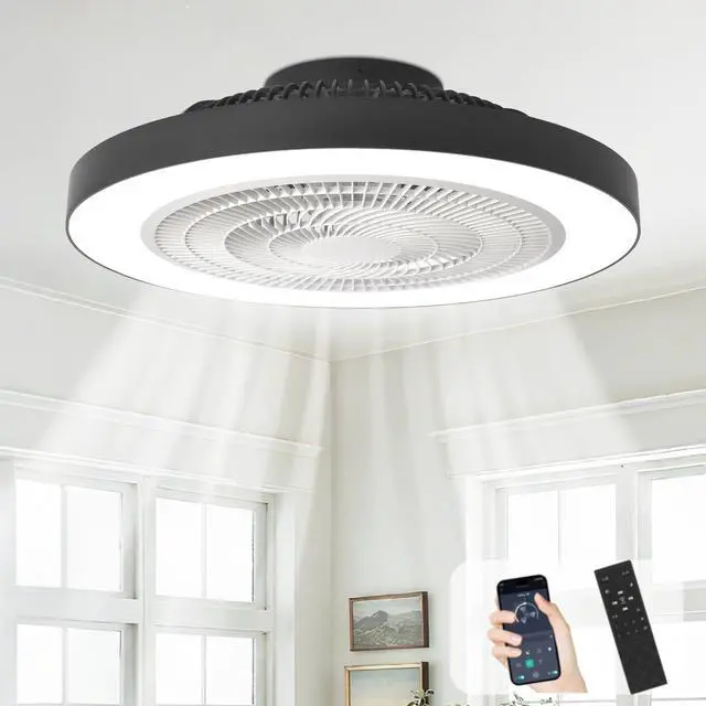Main image of Modern Ceiling Fan with Light: 19" Flush Mount Low Profile LED Ceiling Fans with Remote & Smart APP Control - Black Bladeless Fandelier Dimmable Quiet DC Motor for Bedroom Kids Room 6 Speeds