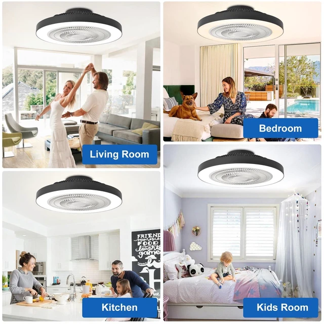 Alt view image 2 of 7 - Modern Ceiling Fan with Light: 19" Flush Mount Low Profile LED Ceiling Fans with Remote & Smart APP Control - Black Bladeless Fandelier Dimmable Quiet DC Motor for Bedroom Kids Room 6 Speeds