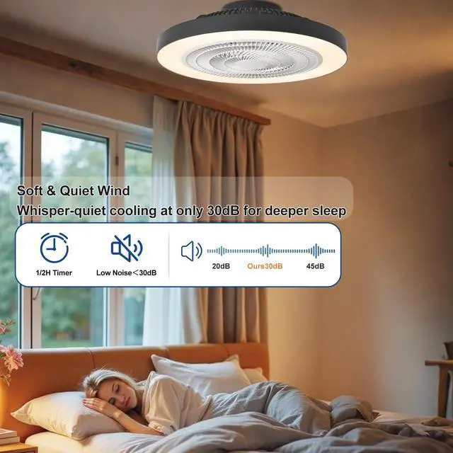 Alt view image 4 of 7 - Modern Ceiling Fan with Light: 19" Flush Mount Low Profile LED Ceiling Fans with Remote & Smart APP Control - Black Bladeless Fandelier Dimmable Quiet DC Motor for Bedroom Kids Room 6 Speeds
