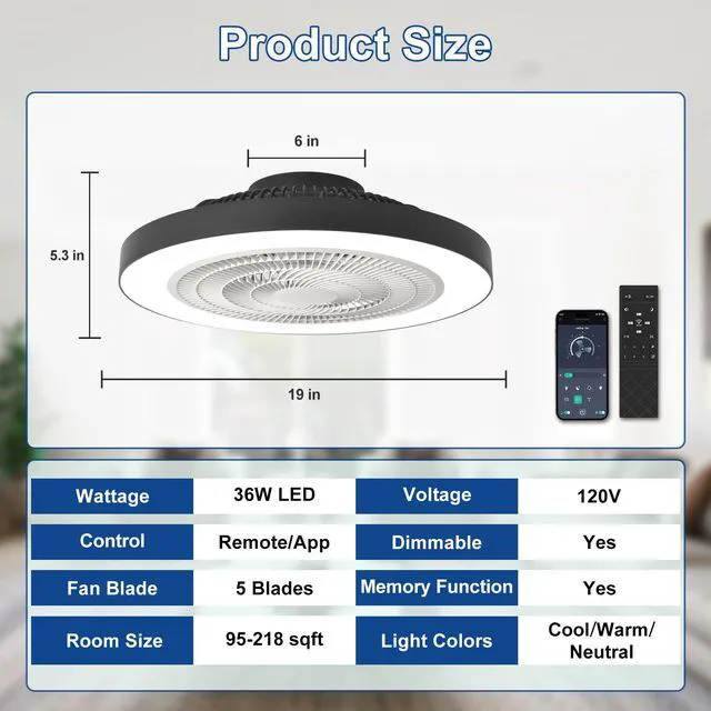 Alt view image 6 of 7 - Modern Ceiling Fan with Light: 19" Flush Mount Low Profile LED Ceiling Fans with Remote & Smart APP Control - Black Bladeless Fandelier Dimmable Quiet DC Motor for Bedroom Kids Room 6 Speeds