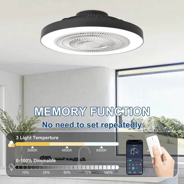 Alt view image 5 of 7 - Modern Ceiling Fan with Light: 19" Flush Mount Low Profile LED Ceiling Fans with Remote & Smart APP Control - Black Bladeless Fandelier Dimmable Quiet DC Motor for Bedroom Kids Room 6 Speeds