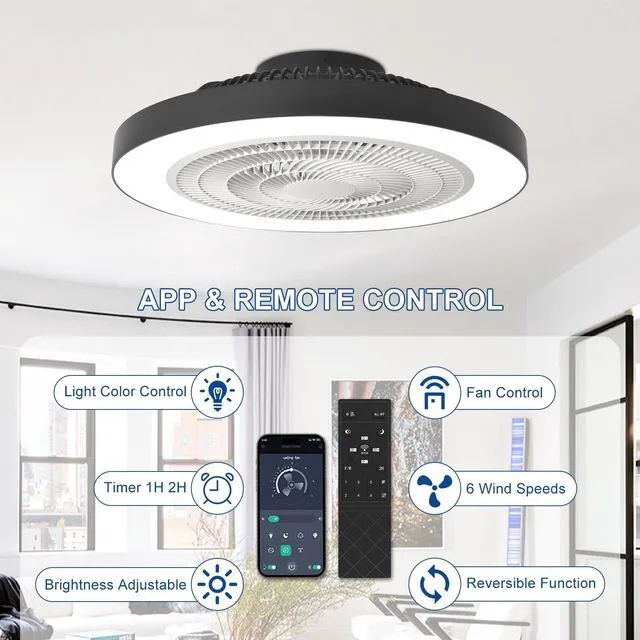 Alt view image 7 of 7 - Modern Ceiling Fan with Light: 19" Flush Mount Low Profile LED Ceiling Fans with Remote & Smart APP Control - Black Bladeless Fandelier Dimmable Quiet DC Motor for Bedroom Kids Room 6 Speeds