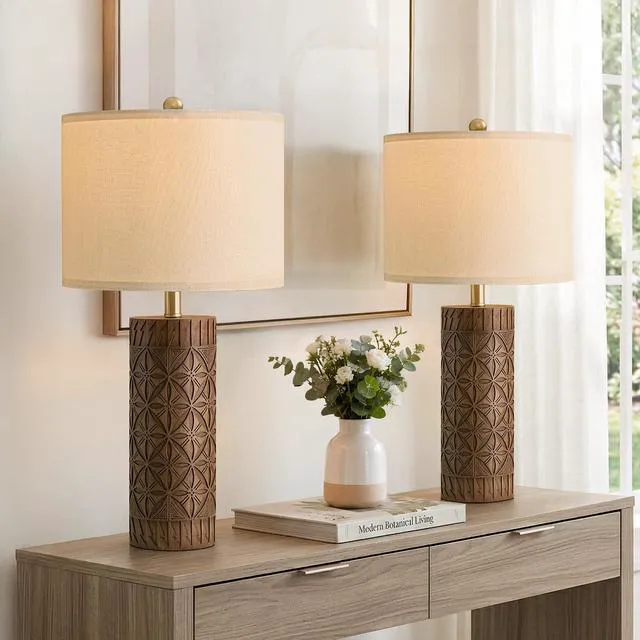 Main image of 24.25" Modern Farmhouse Table Lamps Set of 2, Geometric Wood Grain Resin Bedside Lamps for Nightstand, Rustic Lamps for Living Room, Bedroom, Entryway, Home Decor, Linen Shade