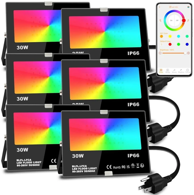 Main image of Led Flood Light 30W, 300W Equivalent 3000 LM Outdoor Color Changing Lights 2700K & 16 Million Colors&Timing& Music Sync, Bluetooth RGBW Smart FloodlightsLed Stage LandscapeIP66 US 3-Plug (6 Pack)