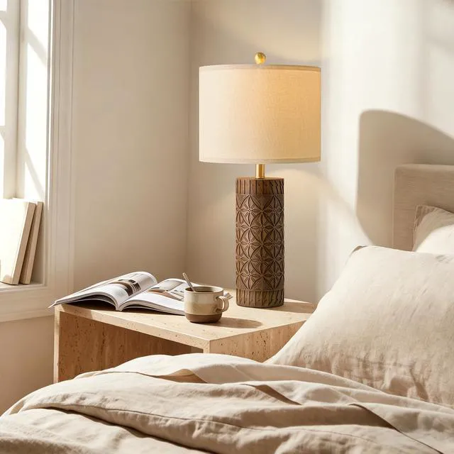 Alt view image 5 of 7 - 24.25" Modern Farmhouse Table Lamps Set of 2, Geometric Wood Grain Resin Bedside Lamps for Nightstand, Rustic Lamps for Living Room, Bedroom, Entryway, Home Decor, Linen Shade