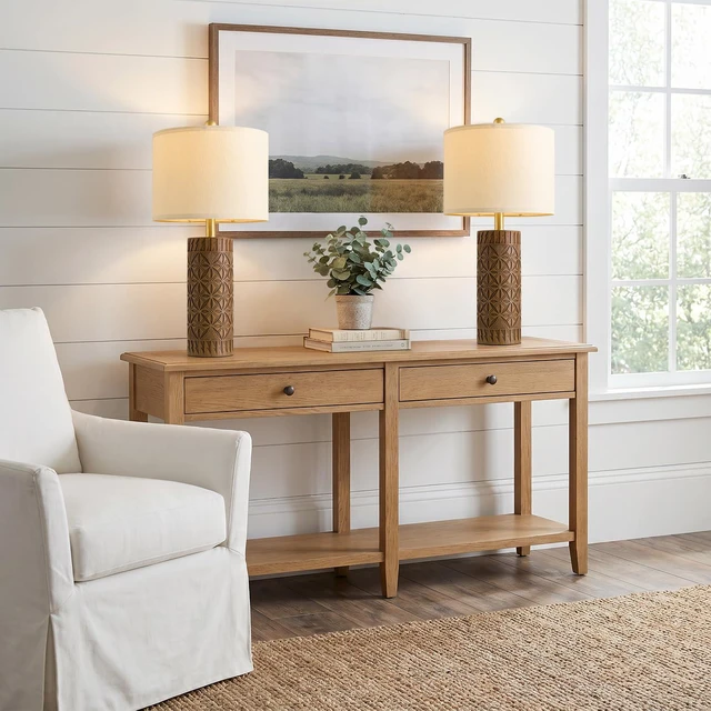 Alt view image 6 of 7 - 24.25" Modern Farmhouse Table Lamps Set of 2, Geometric Wood Grain Resin Bedside Lamps for Nightstand, Rustic Lamps for Living Room, Bedroom, Entryway, Home Decor, Linen Shade