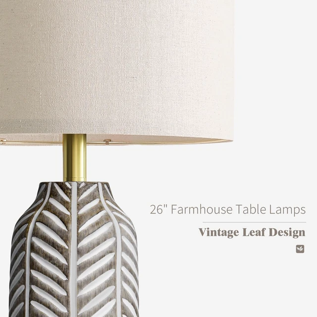 Alt view image 2 of 6 - 26" Retro Farmhouse Lamps Set of 2 - Vintage Leaf Design, Living Room Lamps with Linen Shades, Rustic Resin Lamp for Bedroom, Living Room, Nightstand, Entryway, Nursery, Wood Grain