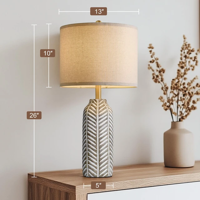 Alt view image 3 of 6 - 26" Retro Farmhouse Lamps Set of 2 - Vintage Leaf Design, Living Room Lamps with Linen Shades, Rustic Resin Lamp for Bedroom, Living Room, Nightstand, Entryway, Nursery, Wood Grain