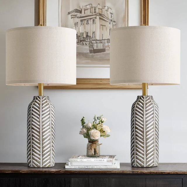 Alt view image 4 of 6 - 26" Retro Farmhouse Lamps Set of 2 - Vintage Leaf Design, Living Room Lamps with Linen Shades, Rustic Resin Lamp for Bedroom, Living Room, Nightstand, Entryway, Nursery, Wood Grain