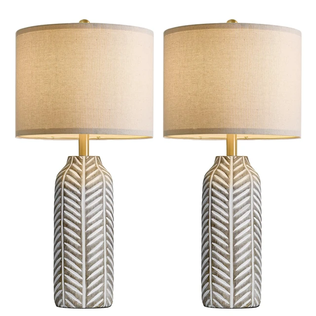 Alt view image 5 of 6 - 26" Retro Farmhouse Lamps Set of 2 - Vintage Leaf Design, Living Room Lamps with Linen Shades, Rustic Resin Lamp for Bedroom, Living Room, Nightstand, Entryway, Nursery, Wood Grain
