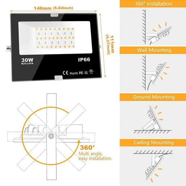 Alt view image 7 of 7 - Led Flood Light 30W, 300W Equivalent 3000 LM Outdoor Color Changing Lights 2700K & 16 Million Colors&Timing& Music Sync, Bluetooth RGBW Smart FloodlightsLed Stage LandscapeIP66 US 3-Plug (6 Pack)