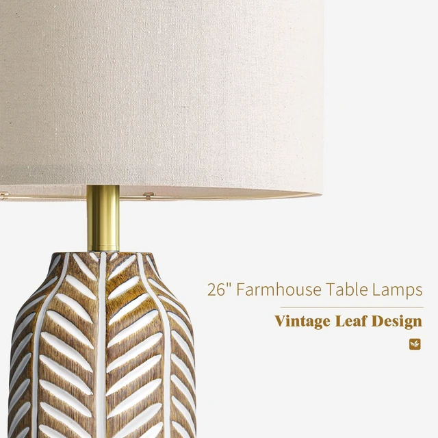 Alt view image 3 of 6 - 26" Farmhouse Table Lamps Set of 2 - Vintage Leaf Design, Rustic Resin Nightstand Lamps for Bedroom, Living Room, Nursery, Hallway, Elegant Living Room Lamps with Linen Shades Antique Brown