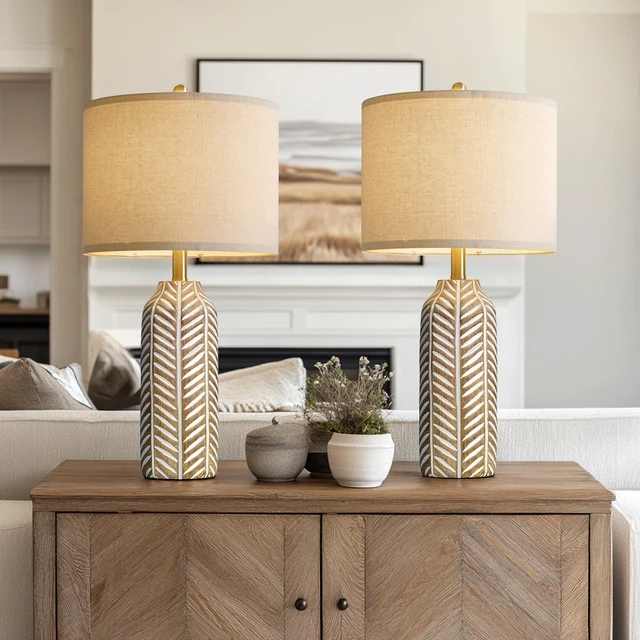 Alt view image 2 of 6 - 26" Farmhouse Table Lamps Set of 2 - Vintage Leaf Design, Rustic Resin Nightstand Lamps for Bedroom, Living Room, Nursery, Hallway, Elegant Living Room Lamps with Linen Shades Antique Brown