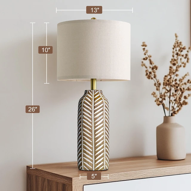 Alt view image 4 of 6 - 26" Farmhouse Table Lamps Set of 2 - Vintage Leaf Design, Rustic Resin Nightstand Lamps for Bedroom, Living Room, Nursery, Hallway, Elegant Living Room Lamps with Linen Shades Antique Brown